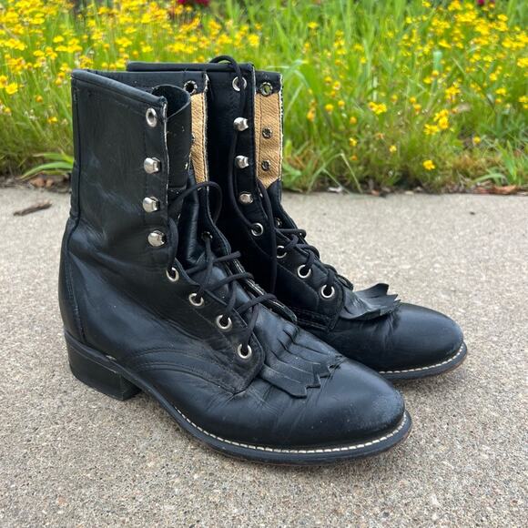 Vintage 80s 90s Laredo Black Roper Lace Up Cowgirl Western Boots Kilte Fringe 7M - Picture 1 of 7